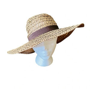 Unbranded women’s wide-brim sun hat w/ brown ribbon adjustable OS tan brown
